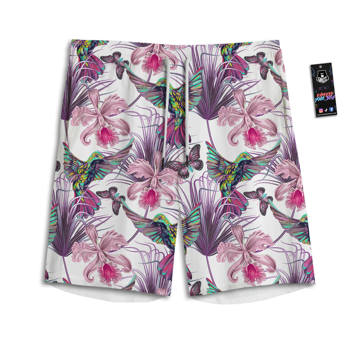 Hummingbird And Pink Flowers Print Men's Athletic Shorts