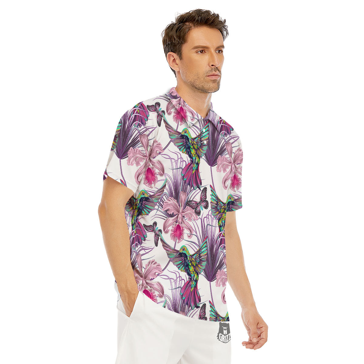 Hummingbird And Pink Flowers Print Men's Golf Shirts-grizzshop