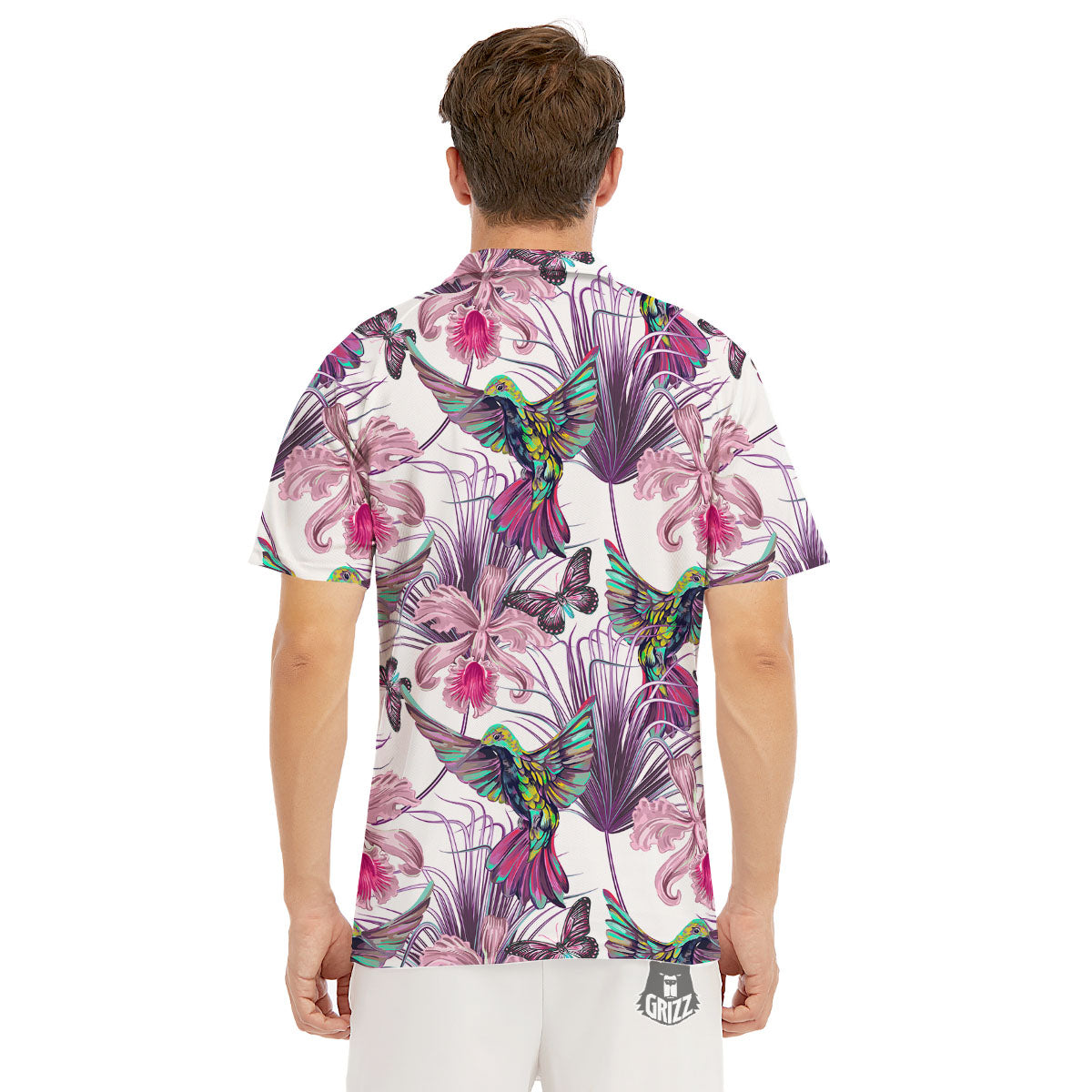 Hummingbird And Pink Flowers Print Men's Golf Shirts-grizzshop