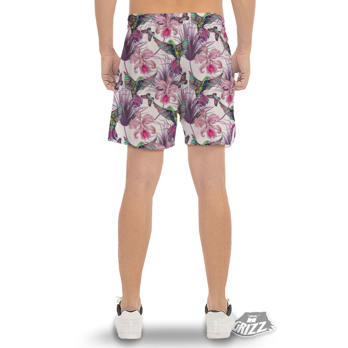 Hummingbird And Pink Flowers Print Men's Gym Shorts-grizzshop