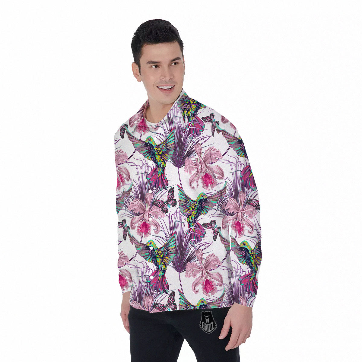 Hummingbird And Pink Flowers Print Men's Long Sleeve Shirts-grizzshop