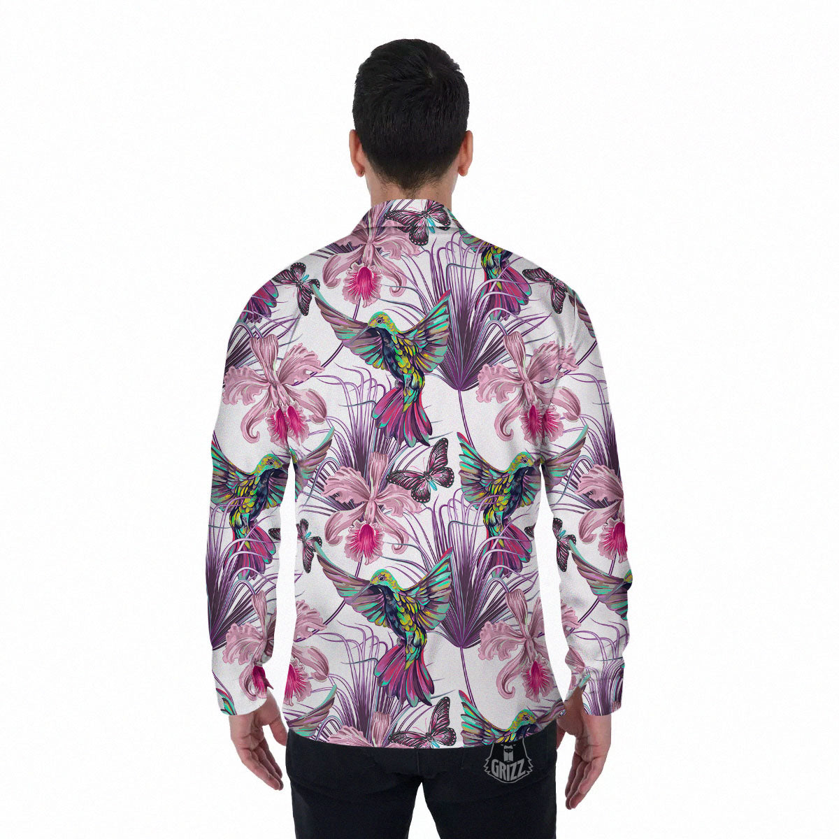 Hummingbird And Pink Flowers Print Men's Long Sleeve Shirts-grizzshop