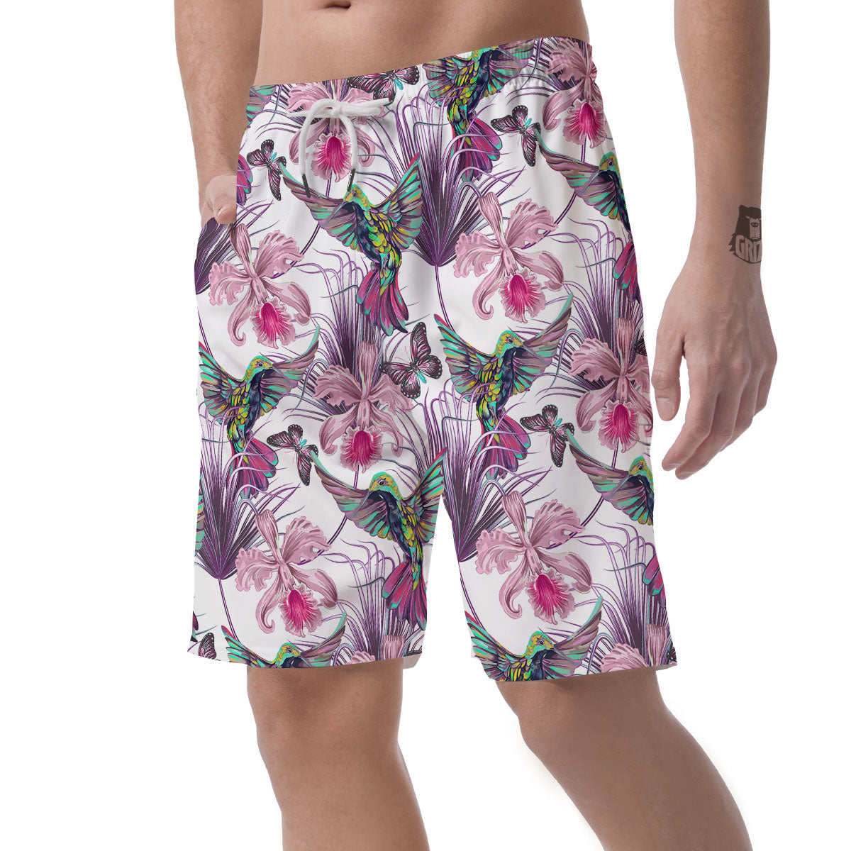Hummingbird And Pink Flowers Print Men's Shorts-grizzshop