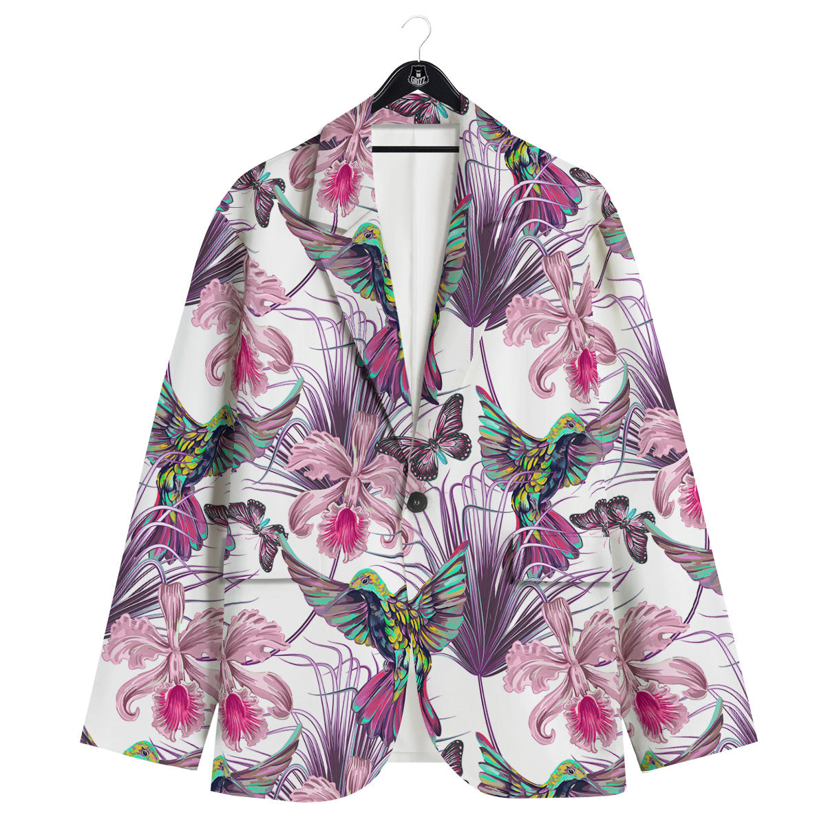 Hummingbird And Pink Flowers Print Men's Sport Coat-grizzshop