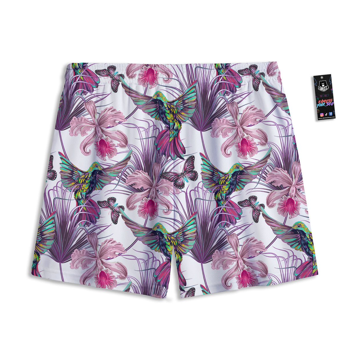 Hummingbird And Pink Flowers Print Mesh Shorts