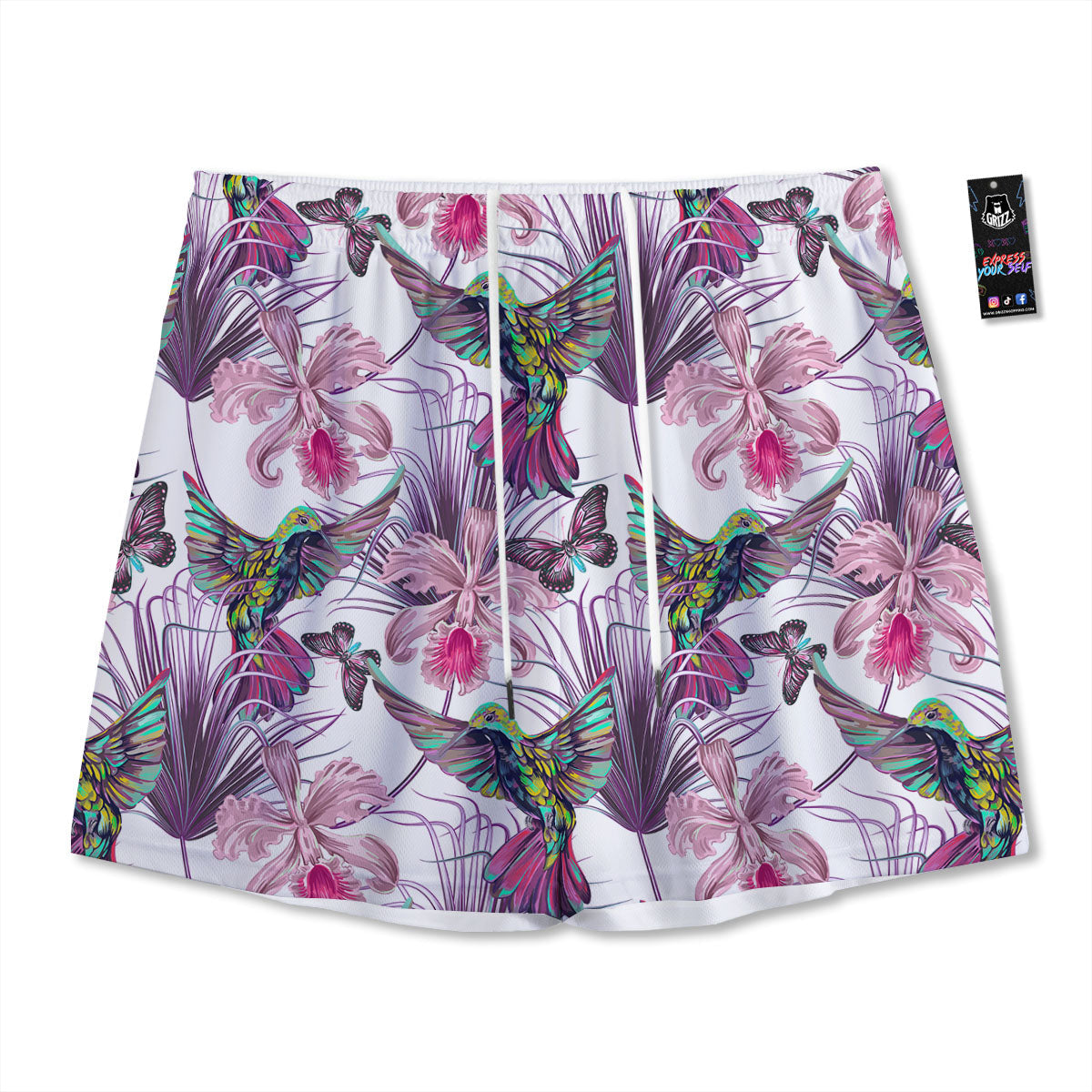 Hummingbird And Pink Flowers Print Mesh Shorts