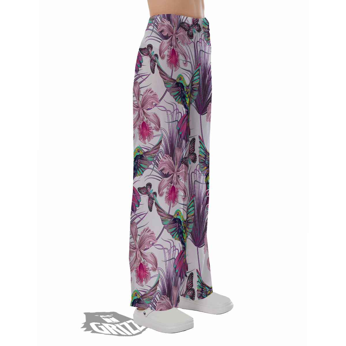 Hummingbird And Pink Flowers Print Pajama Pants-grizzshop