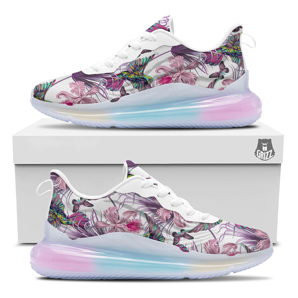 Hummingbird And Pink Flowers Print Running Sneakers-grizzshop