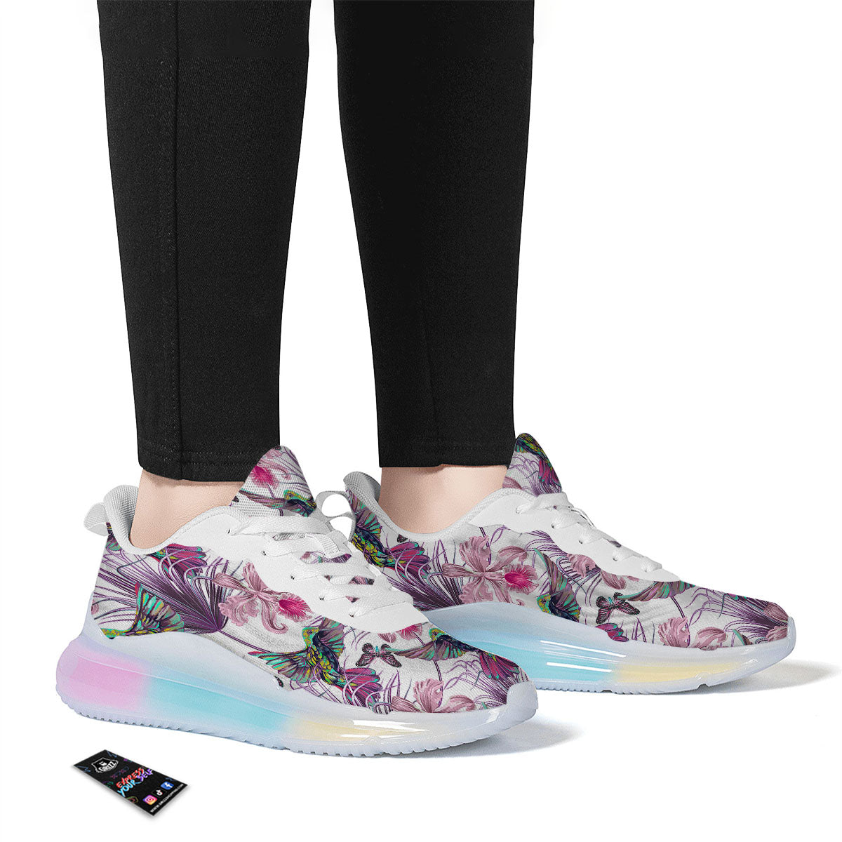 Hummingbird And Pink Flowers Print Running Sneakers-grizzshop
