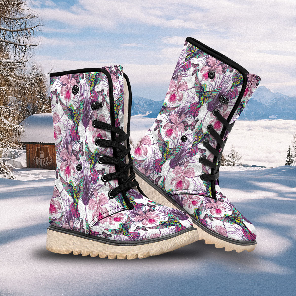 Hummingbird And Pink Flowers Print Snow Boots-grizzshop