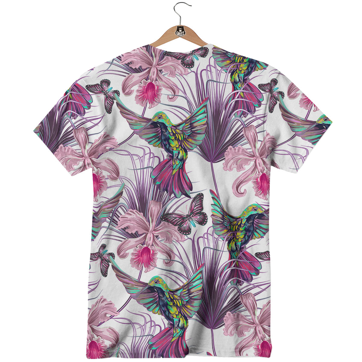 Hummingbird And Pink Flowers Print T-Shirt-grizzshop