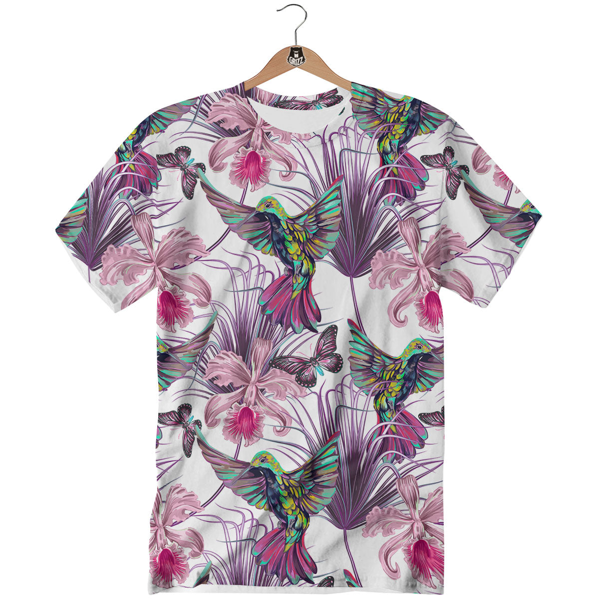 Hummingbird And Pink Flowers Print T-Shirt-grizzshop