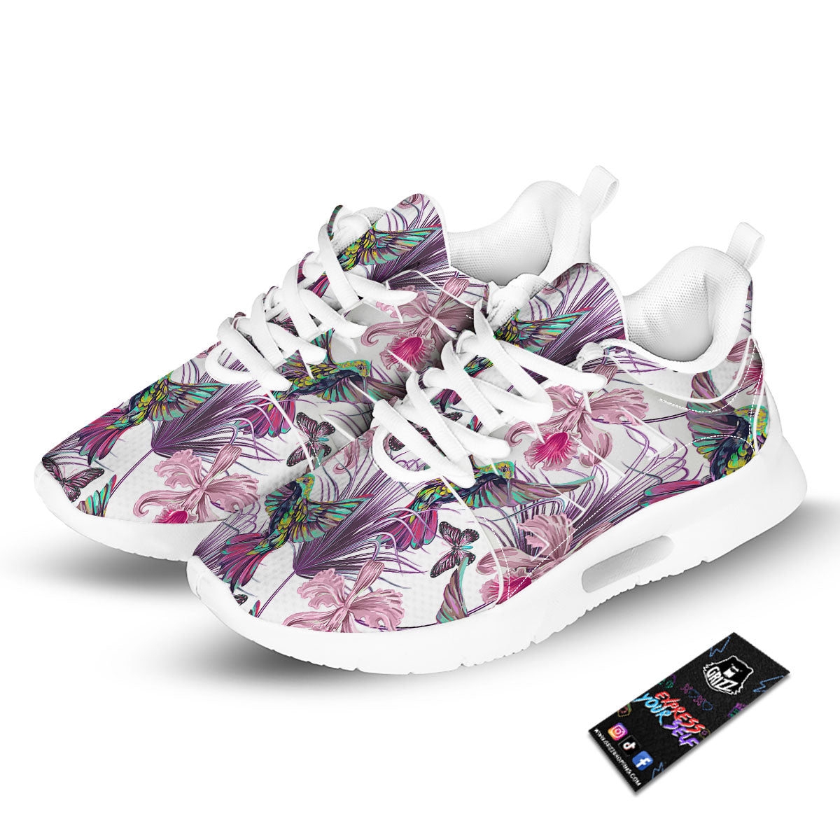 Hummingbird And Pink Flowers Print Tennis Shoes-grizzshop