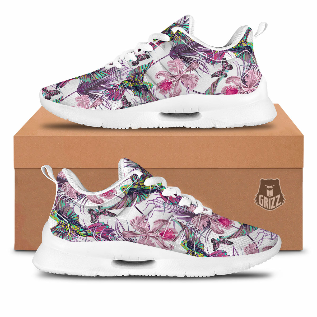 Hummingbird And Pink Flowers Print Tennis Shoes-grizzshop