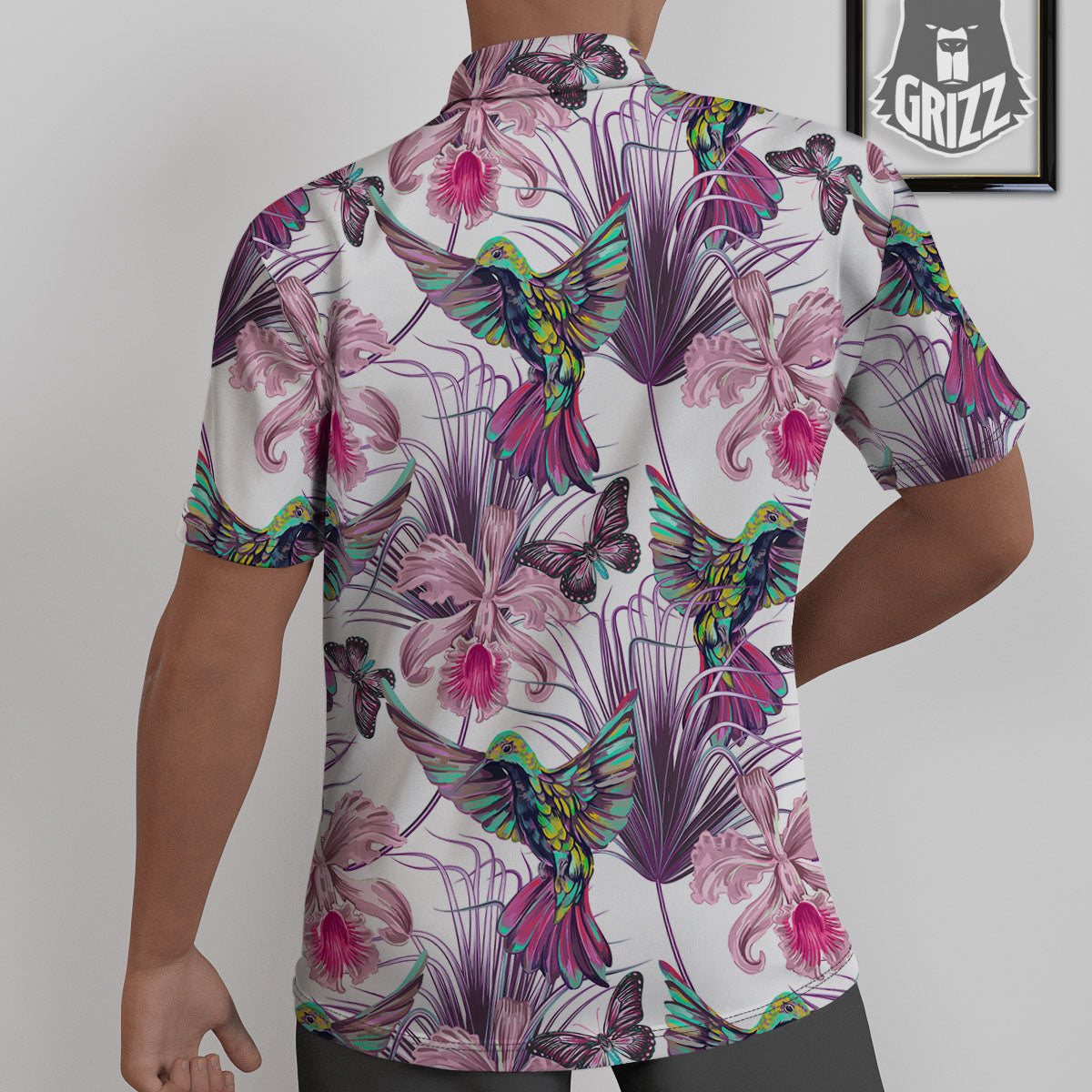 Hummingbird And Pink Flowers Print Untucked Shirts-grizzshop