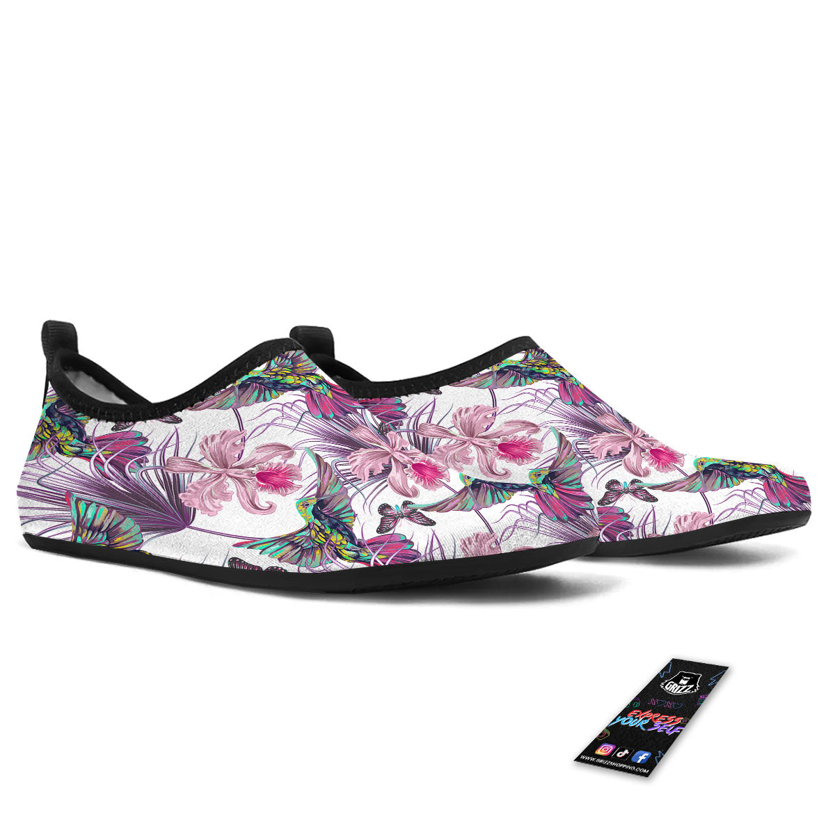 Hummingbird And Pink Flowers Print Water Shoes-grizzshop