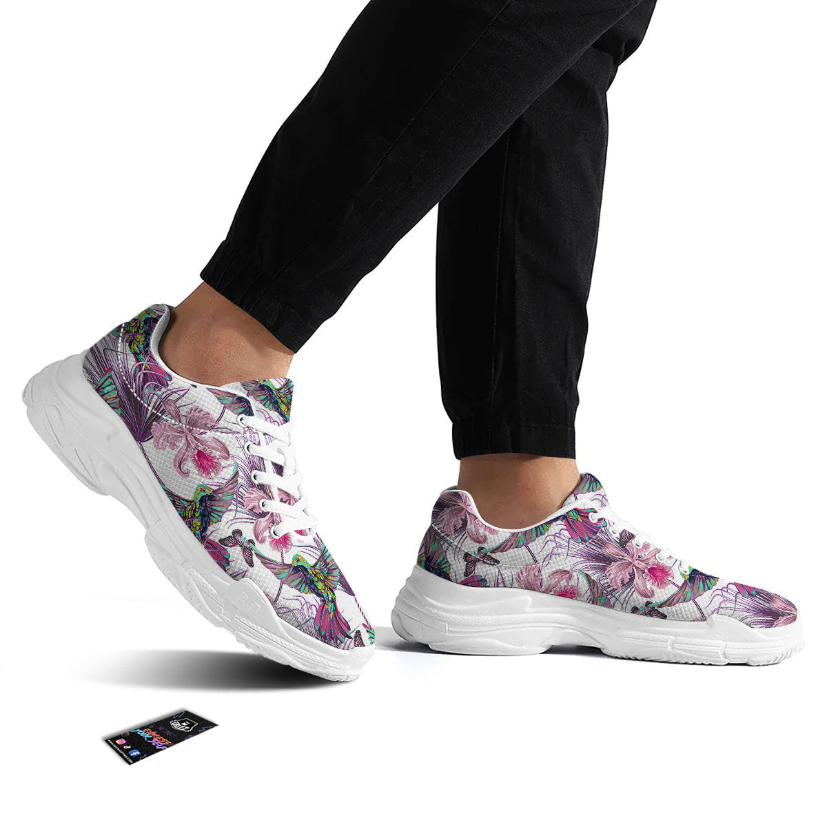 Hummingbird And Pink Flowers Print White Chunky Shoes-grizzshop