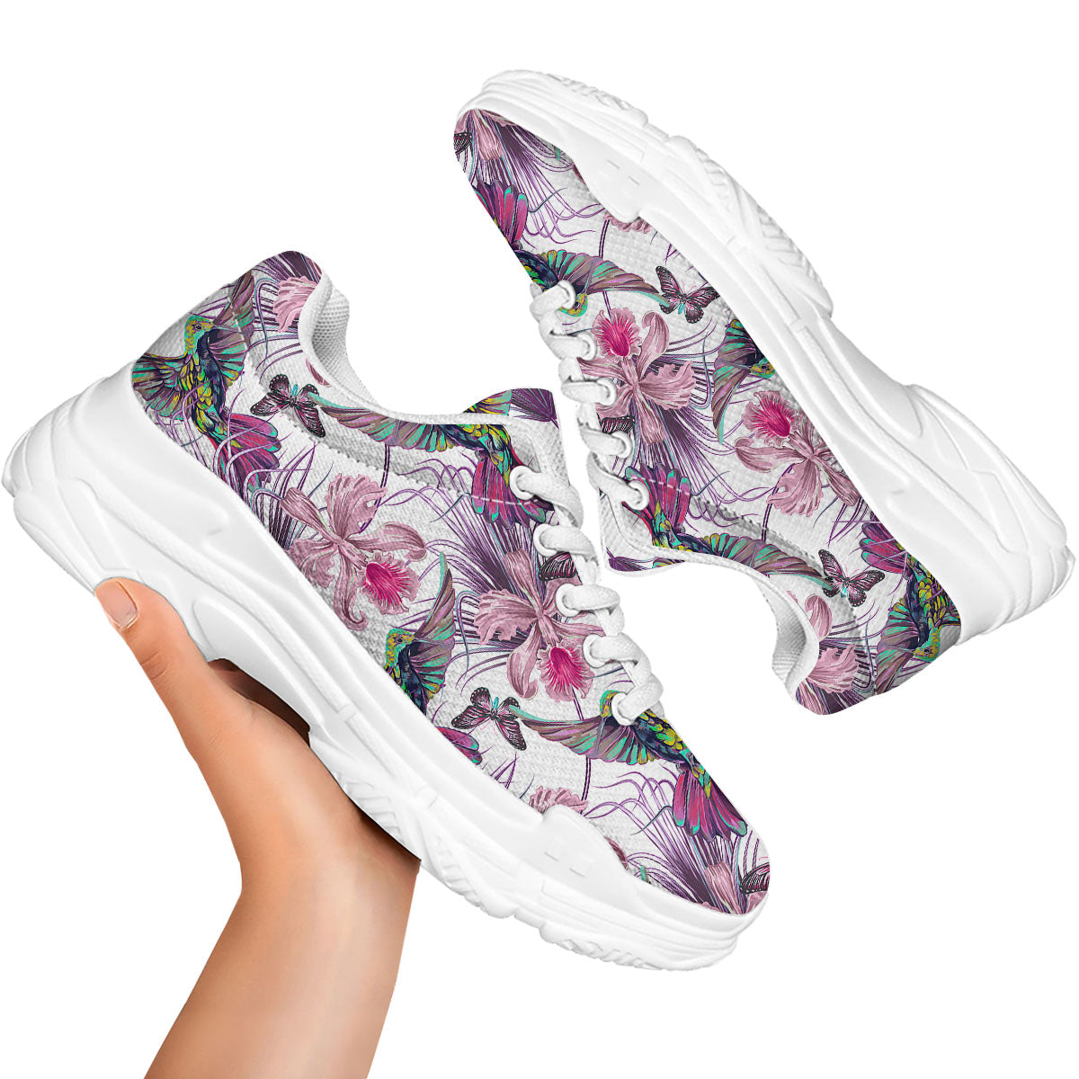 Hummingbird And Pink Flowers Print White Chunky Shoes-grizzshop