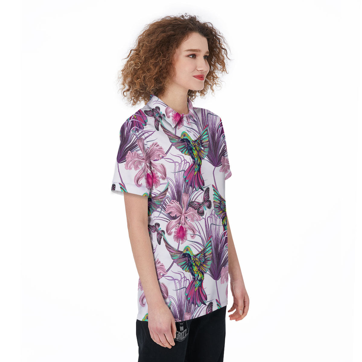 Hummingbird And Pink Flowers Print Women's Golf Shirts-grizzshop
