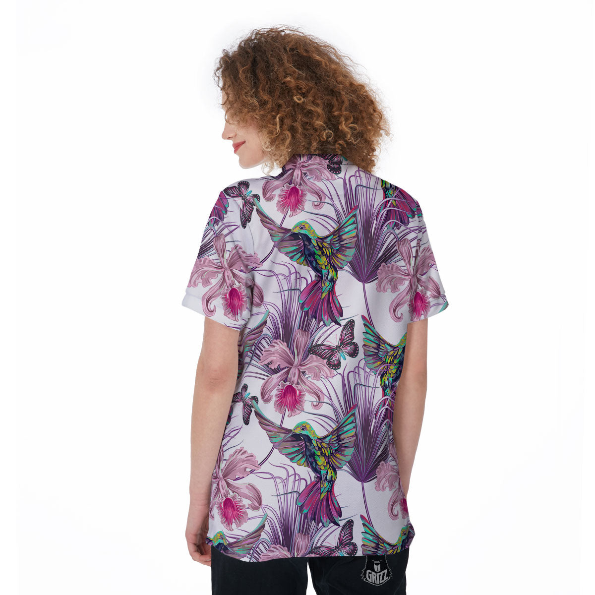 Hummingbird And Pink Flowers Print Women's Golf Shirts-grizzshop
