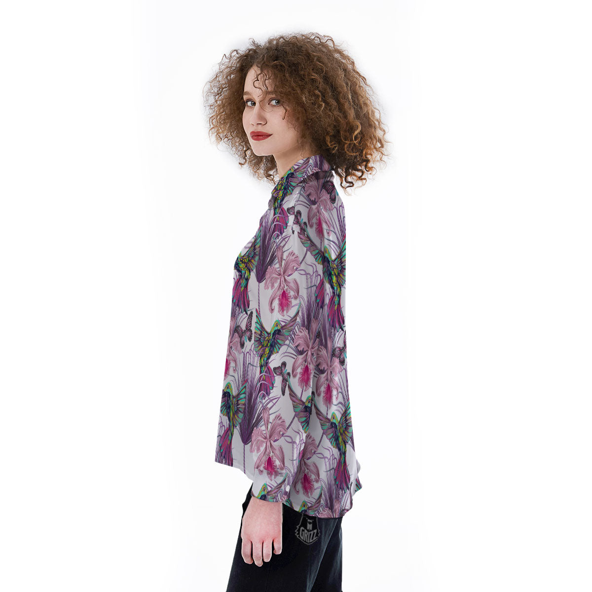 Hummingbird And Pink Flowers Print Women's Long Sleeve Shirts-grizzshop