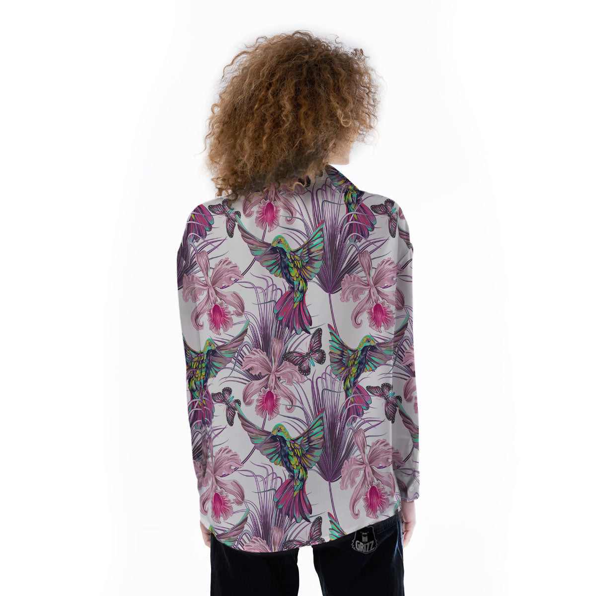 Hummingbird And Pink Flowers Print Women's Long Sleeve Shirts-grizzshop