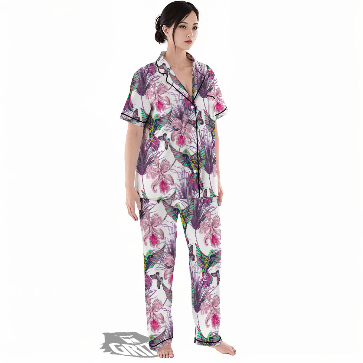 Hummingbird And Pink Flowers Print Women's Pajamas Set-grizzshop