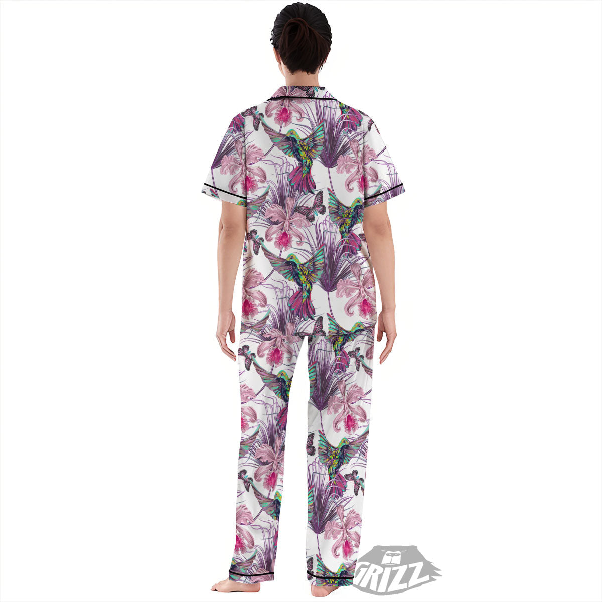 Hummingbird And Pink Flowers Print Women's Pajamas Set-grizzshop