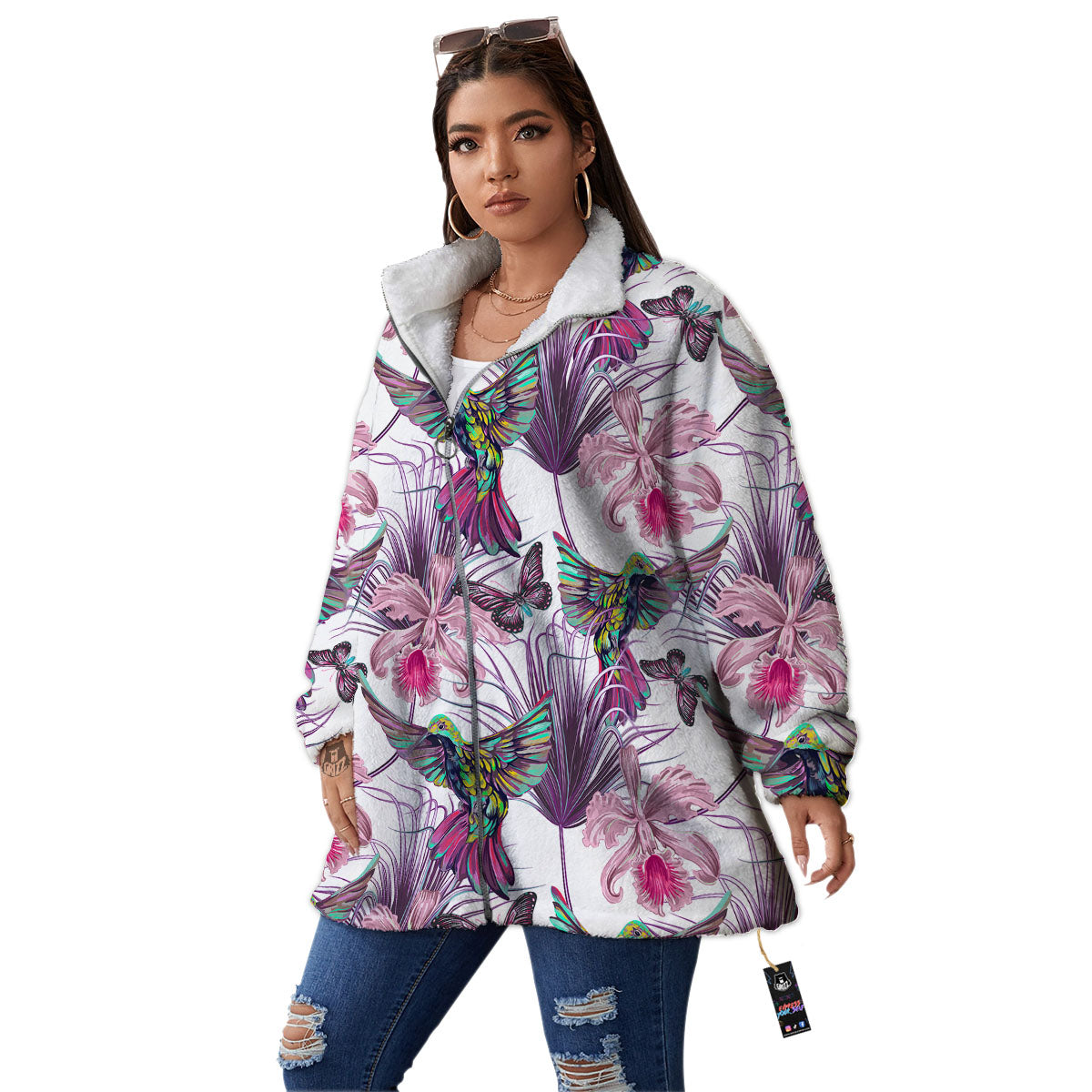 Hummingbird And Pink Flowers Print Women's Sherpa Jacket-grizzshop