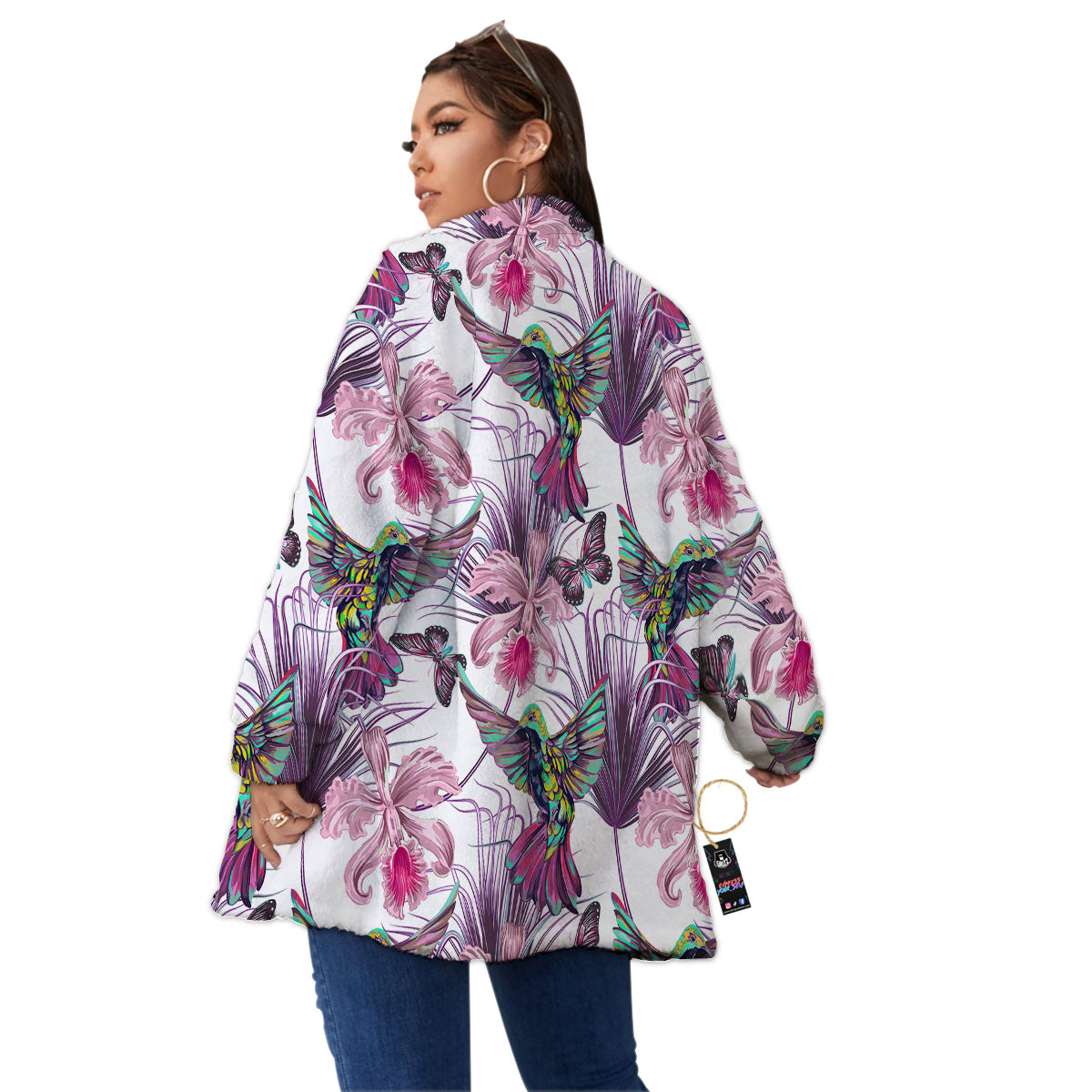 Hummingbird And Pink Flowers Print Women's Sherpa Jacket-grizzshop