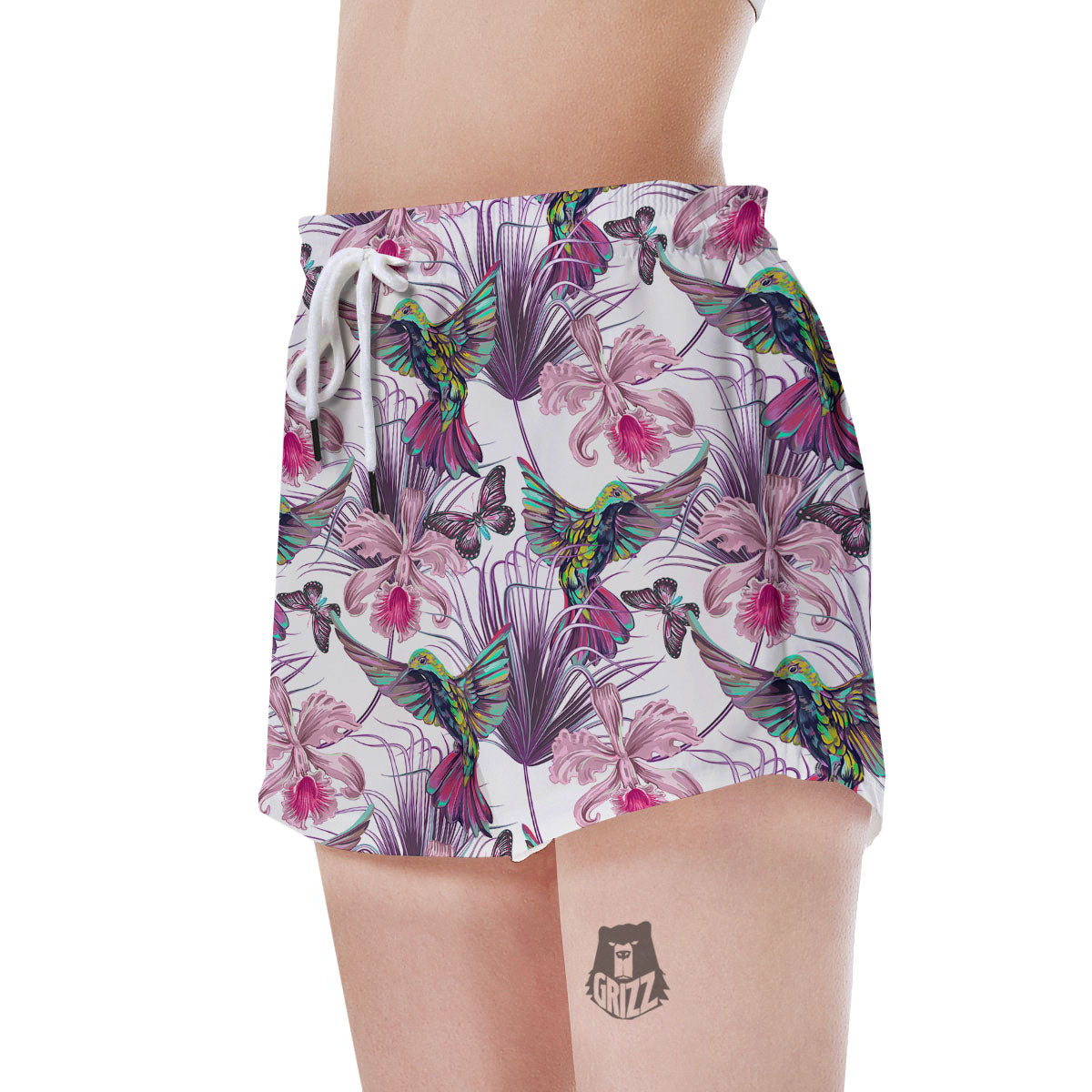 Hummingbird And Pink Flowers Print Women's Shorts-grizzshop