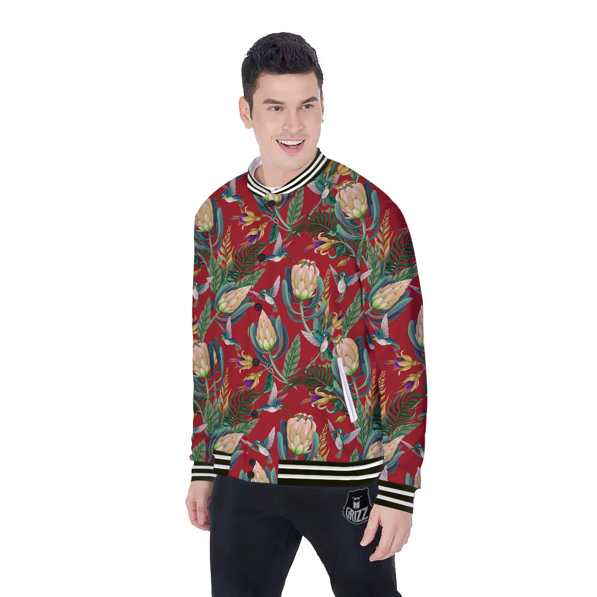 Hummingbird And Wild Flowers Print Pattern Baseball Jacket-grizzshop