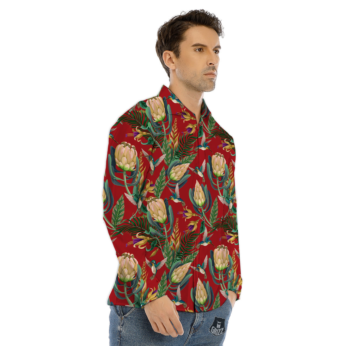 Hummingbird And Wild Flowers Print Pattern Men's Dress Shirts-grizzshop