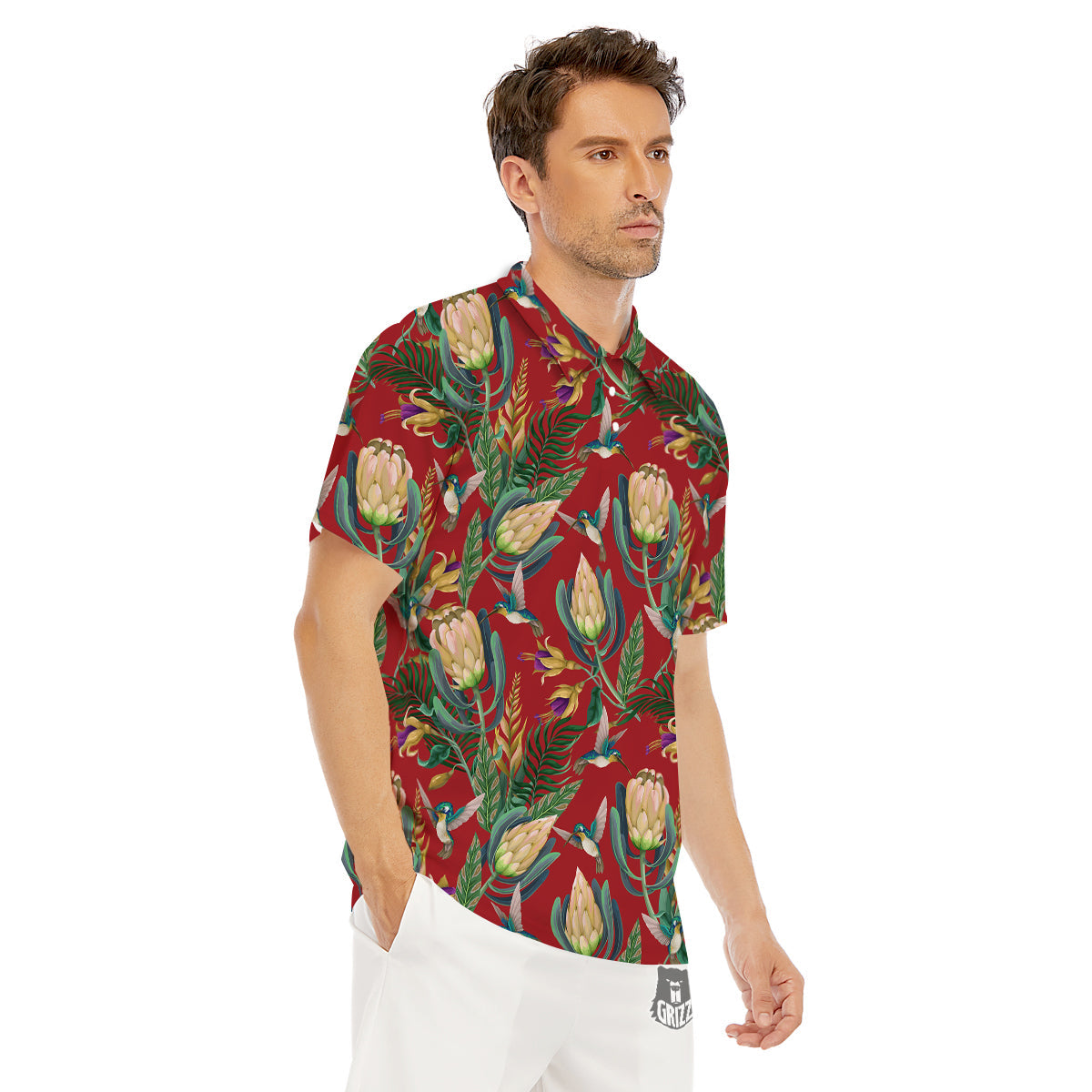 Hummingbird And Wild Flowers Print Pattern Men's Golf Shirts-grizzshop