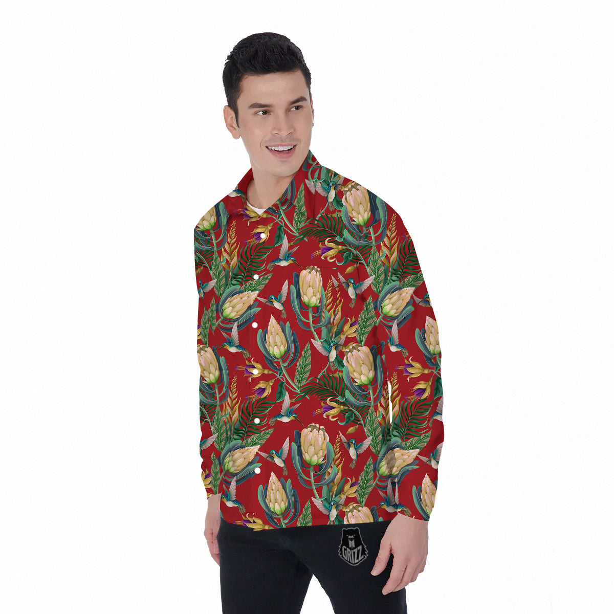 Hummingbird And Wild Flowers Print Pattern Men's Long Sleeve Shirts-grizzshop