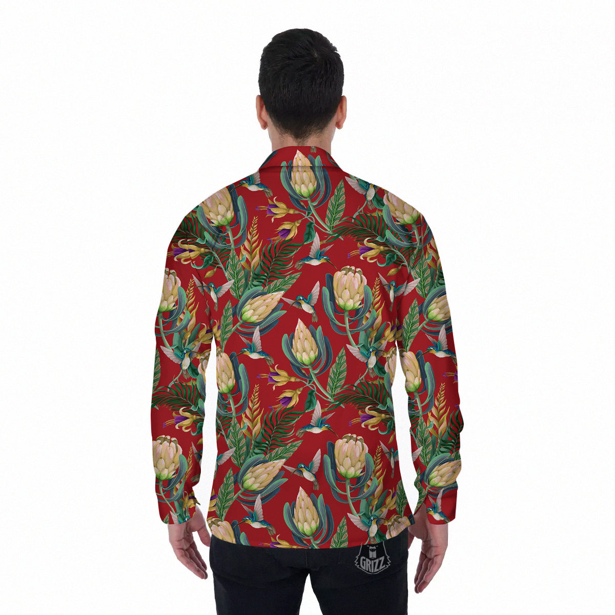 Hummingbird And Wild Flowers Print Pattern Men's Long Sleeve Shirts-grizzshop