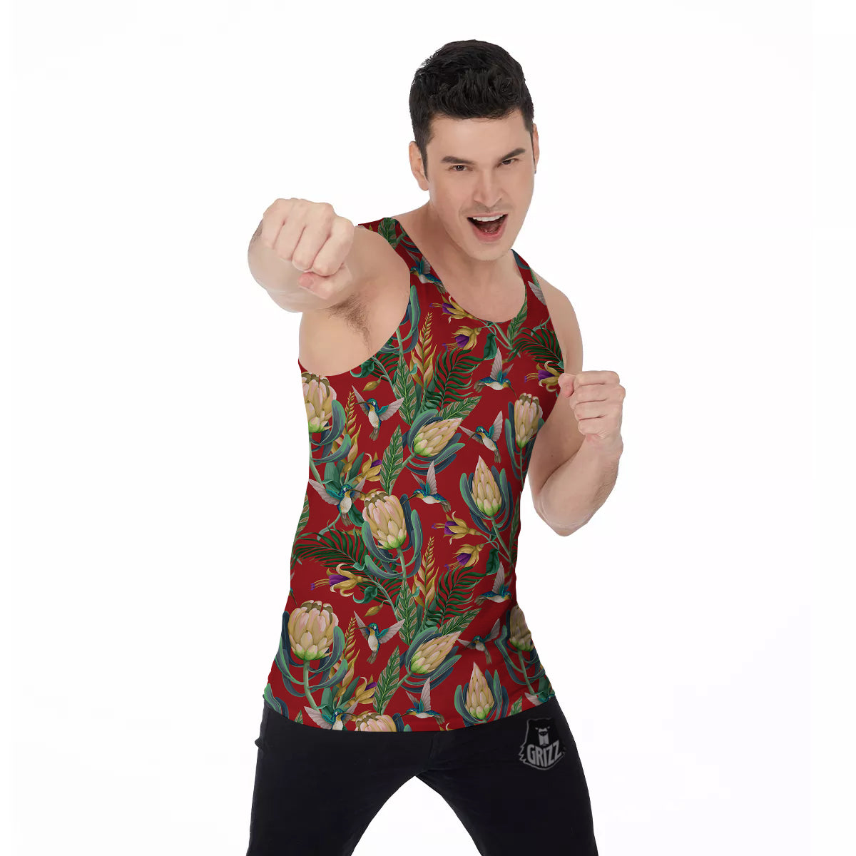Hummingbird And Wild Flowers Print Pattern Men's Tank Top-grizzshop