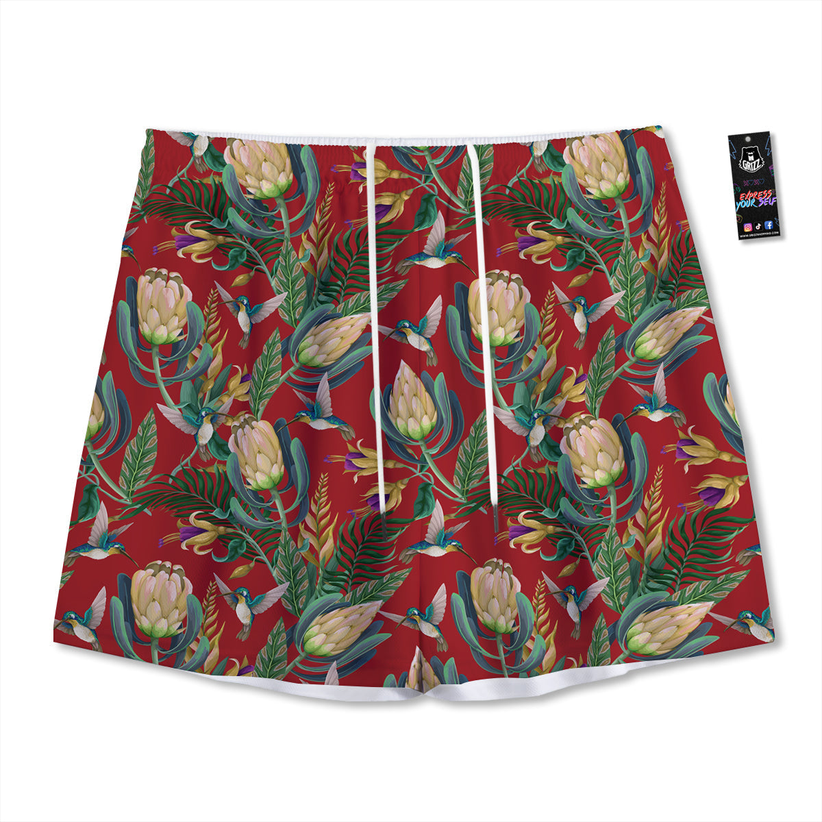 Hummingbird And Wild Flowers Print Pattern Mesh Shorts-grizzshop