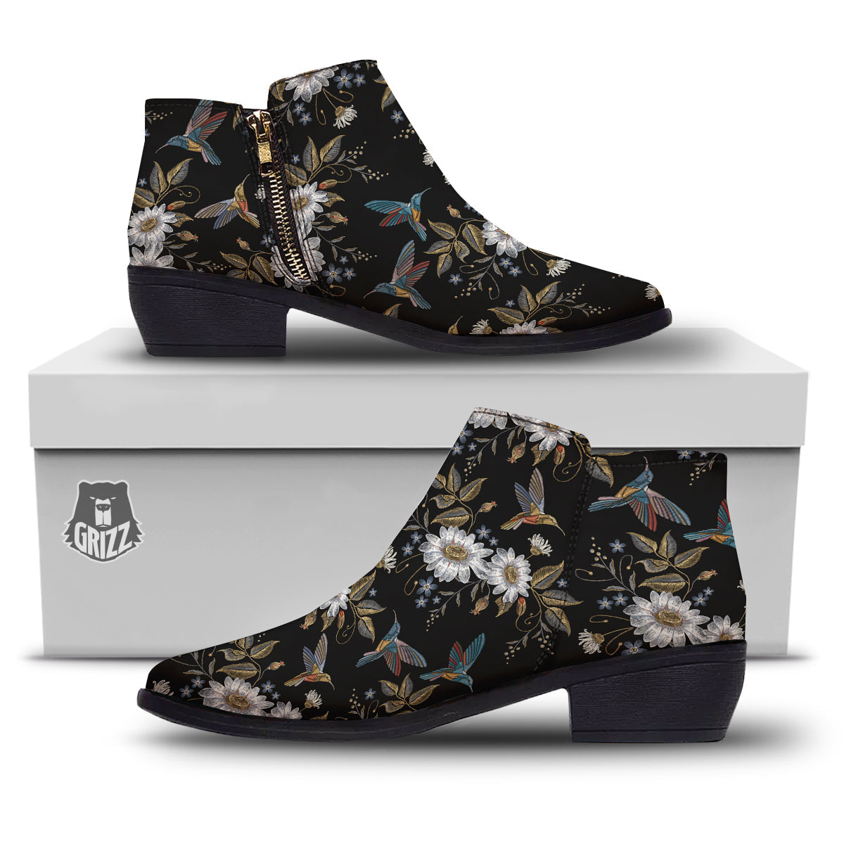 Hummingbird Floral Vintage Print Pattern Ankle Boots-grizzshop