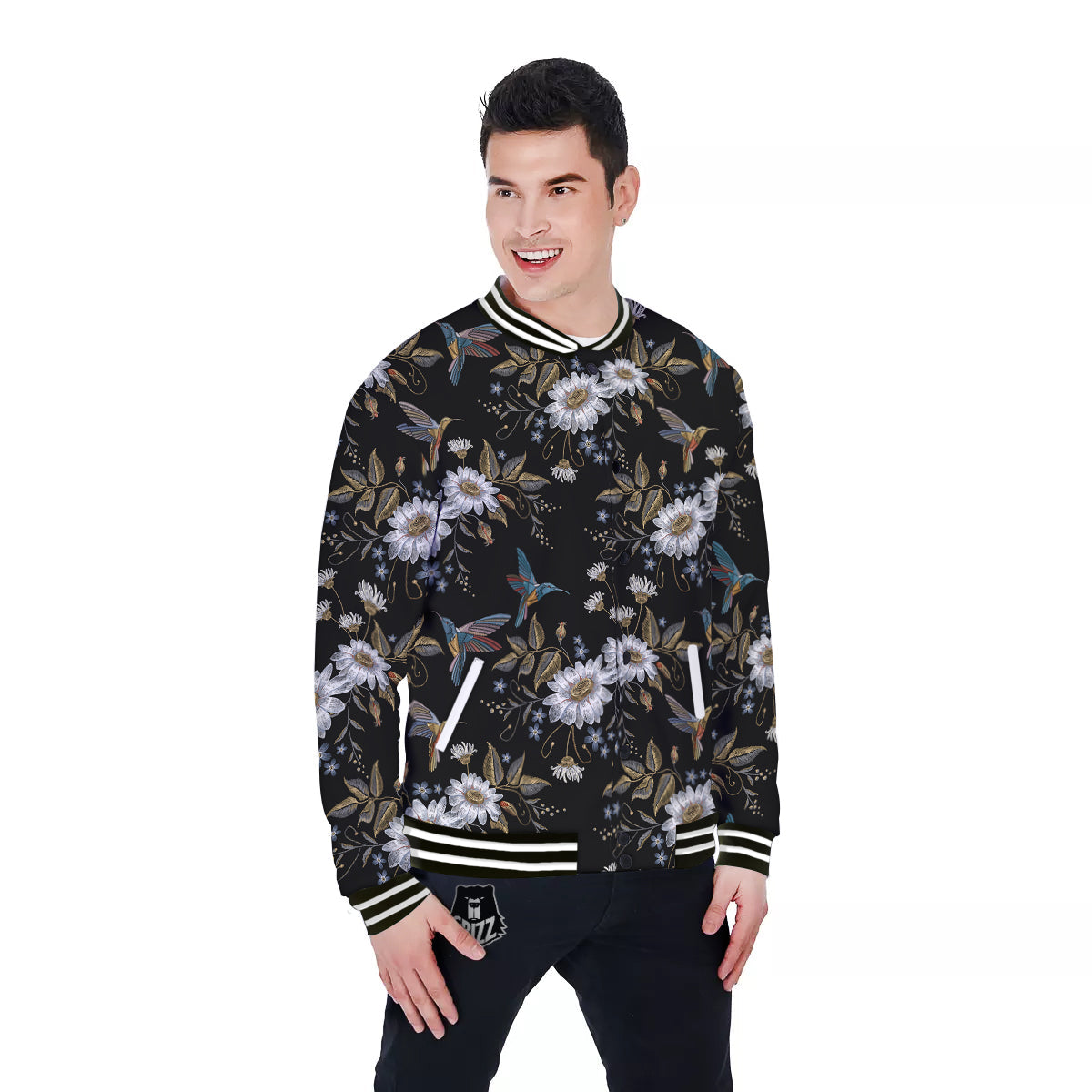 Hummingbird Floral Vintage Print Pattern Baseball Jacket-grizzshop
