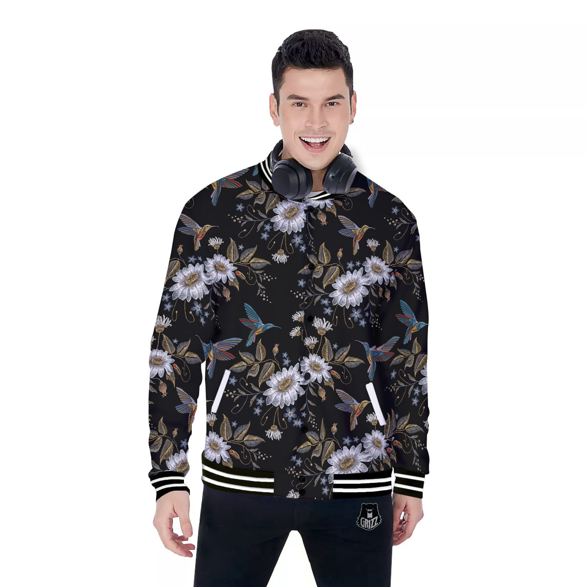 Hummingbird Floral Vintage Print Pattern Baseball Jacket-grizzshop