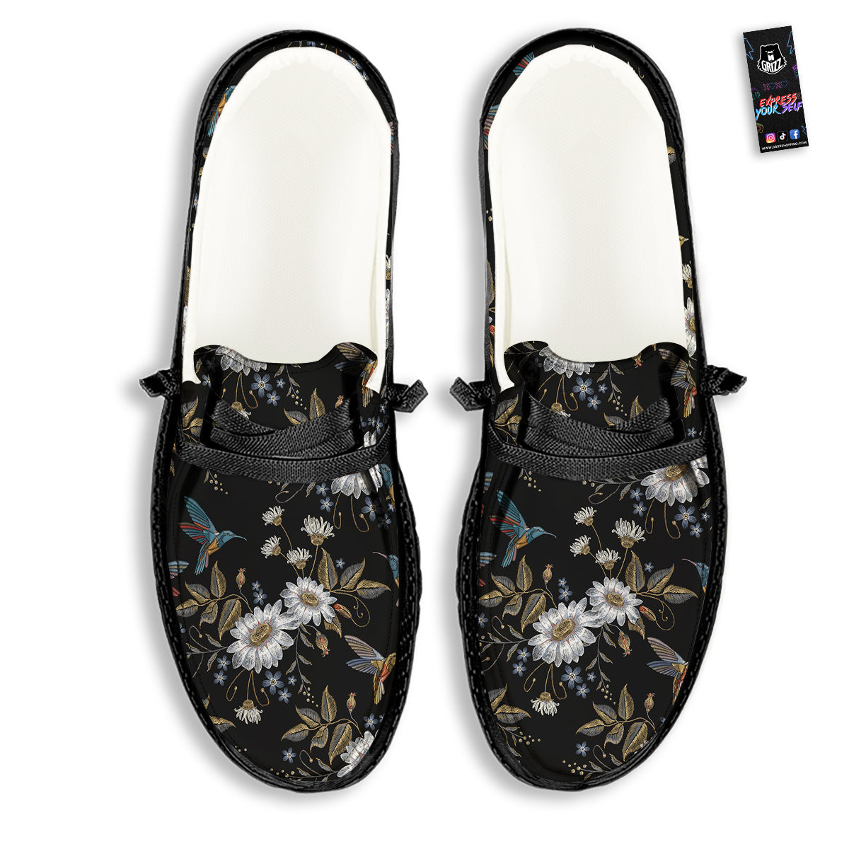 Hummingbird Floral Vintage Print Pattern Black Loafers-grizzshop