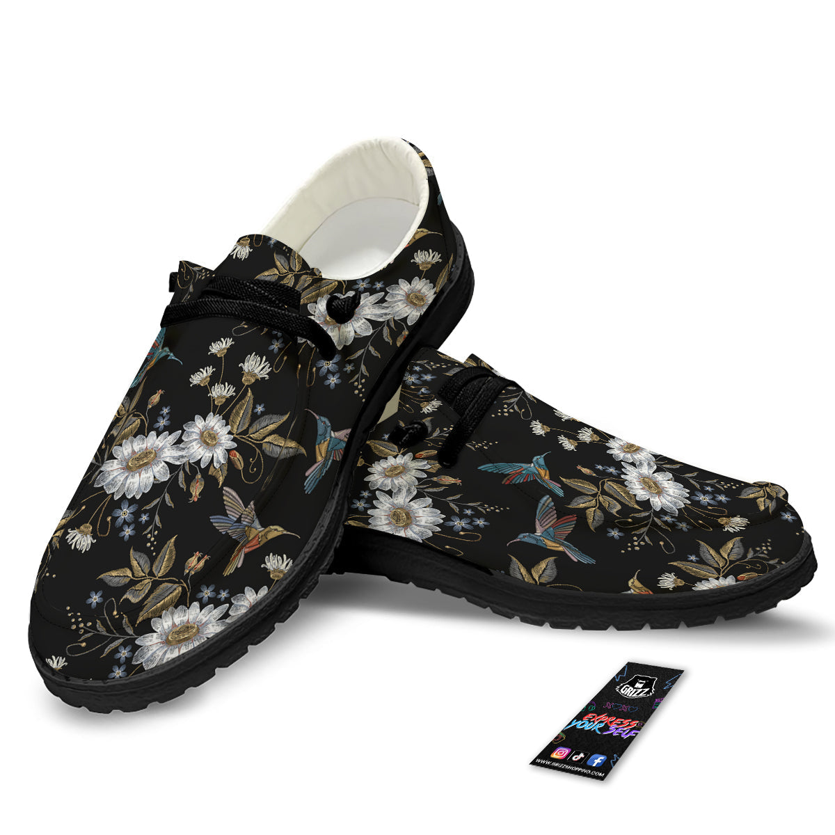 Hummingbird Floral Vintage Print Pattern Black Loafers-grizzshop