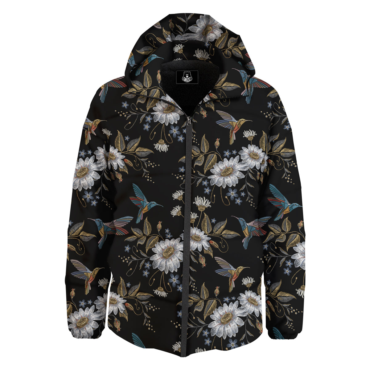 Hummingbird Floral Vintage Print Pattern Down Jacket-grizzshop