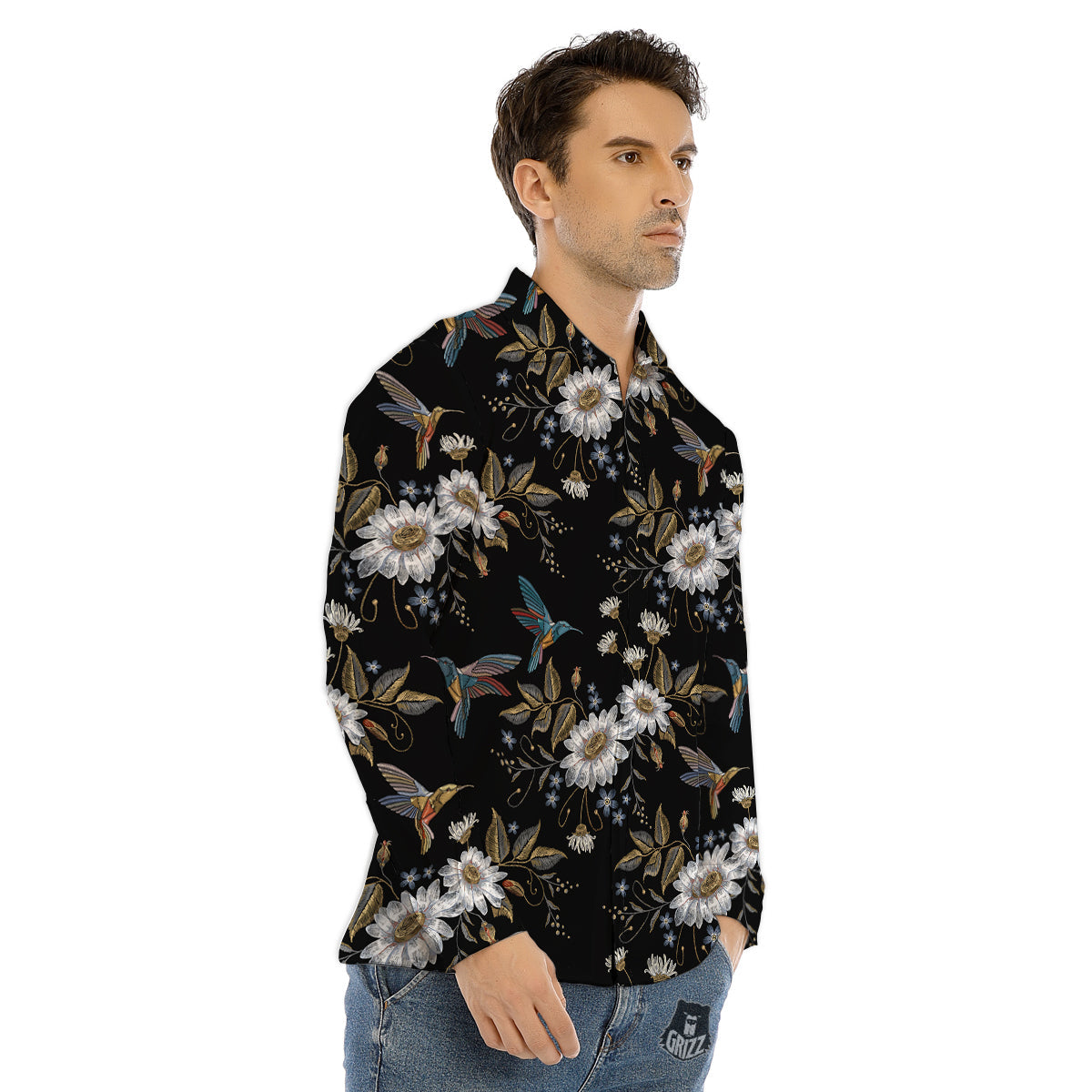 Hummingbird Floral Vintage Print Pattern Men's Dress Shirts-grizzshop