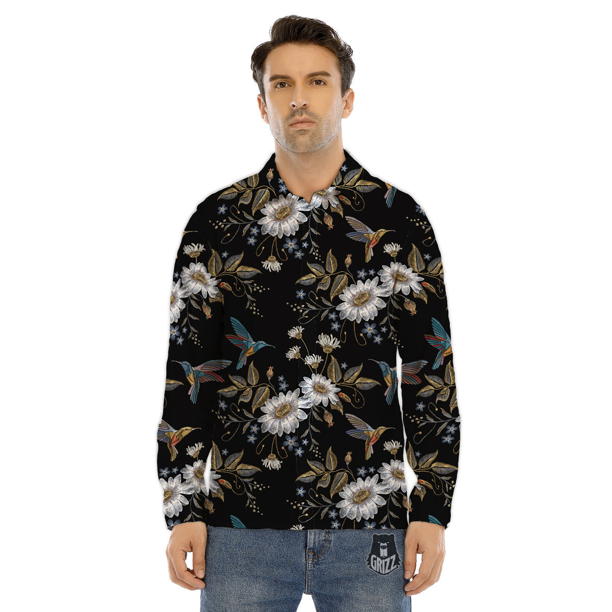 Hummingbird Floral Vintage Print Pattern Men's Dress Shirts-grizzshop
