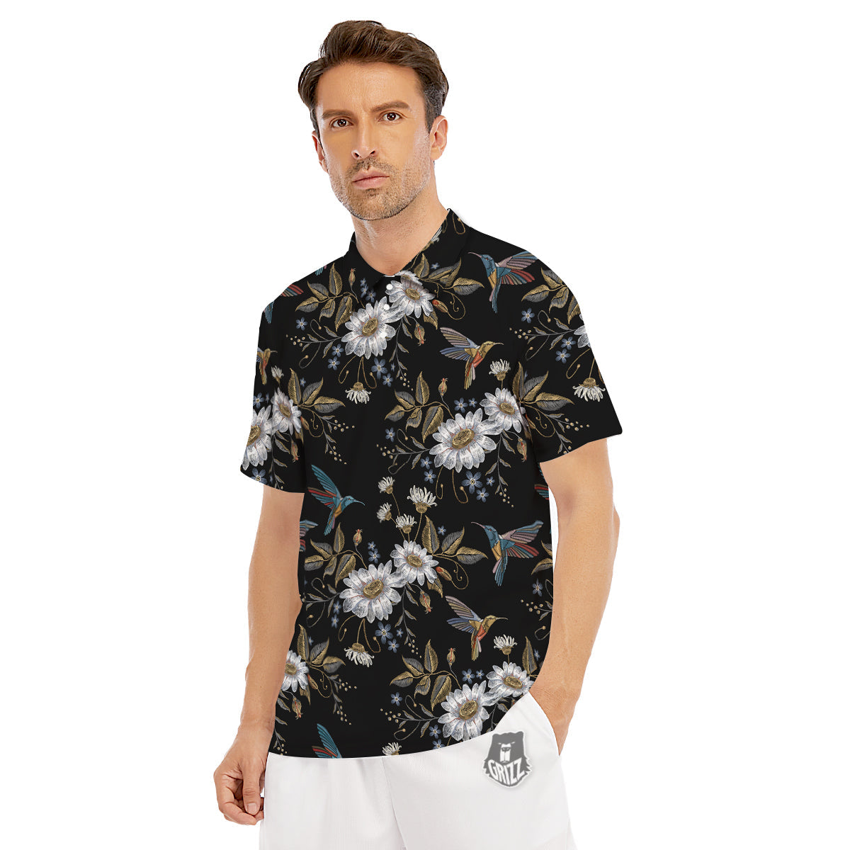 Hummingbird Floral Vintage Print Pattern Men's Golf Shirts-grizzshop
