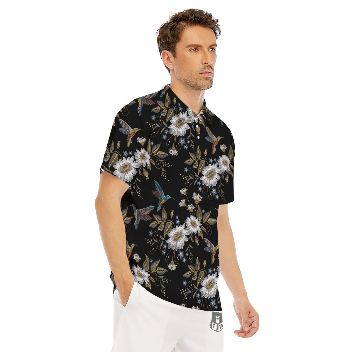 Hummingbird Floral Vintage Print Pattern Men's Golf Shirts-grizzshop