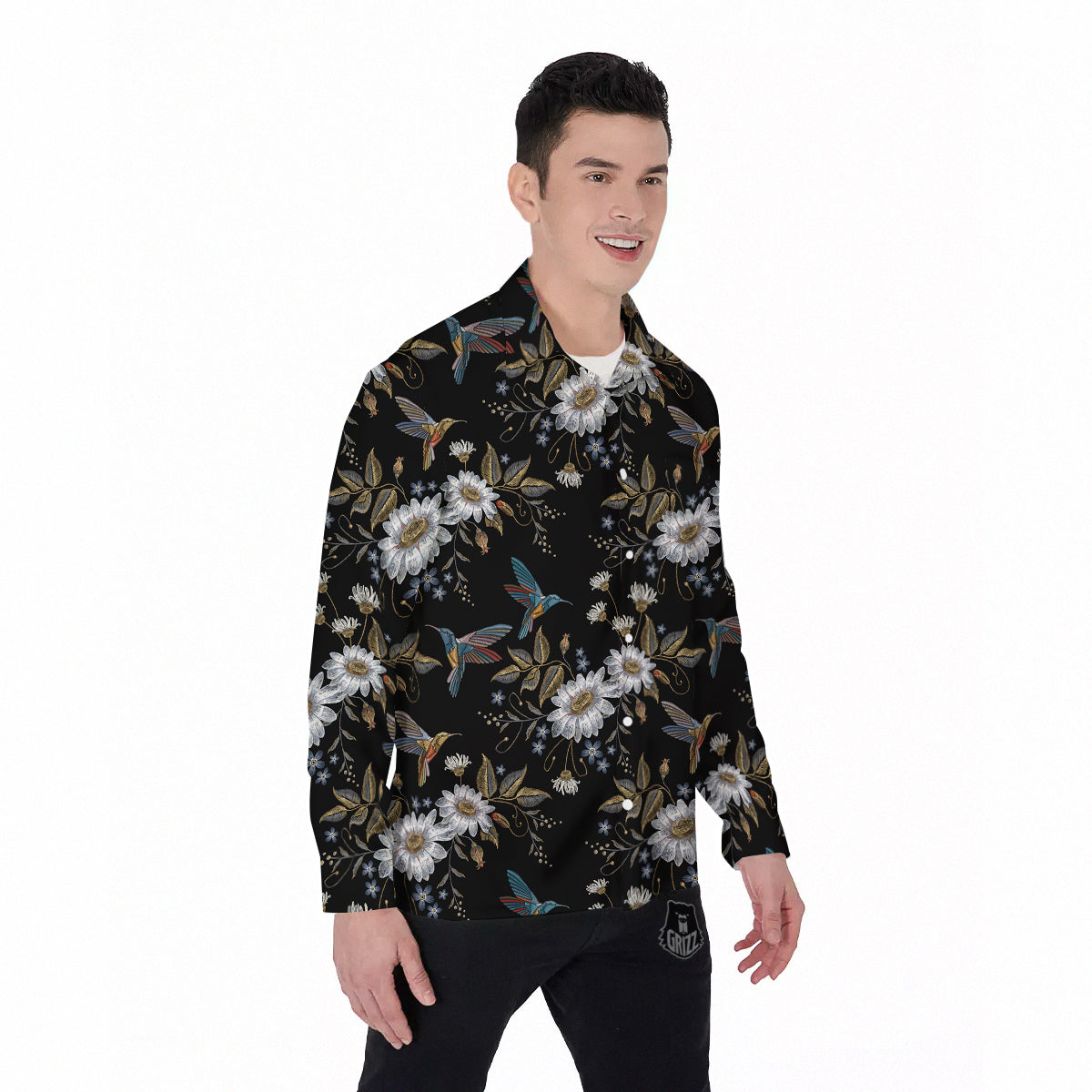 Hummingbird Floral Vintage Print Pattern Men's Long Sleeve Shirts-grizzshop