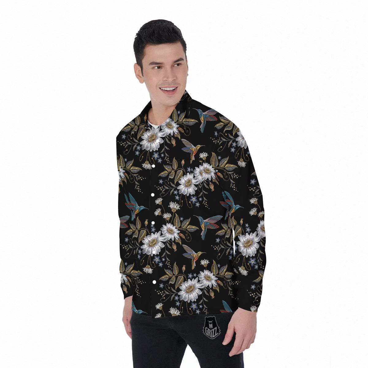 Hummingbird Floral Vintage Print Pattern Men's Long Sleeve Shirts-grizzshop